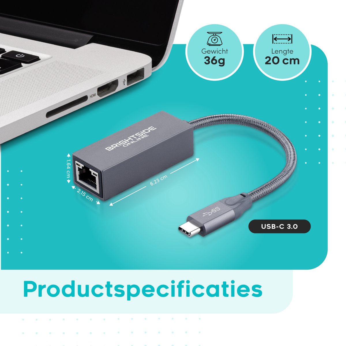 Brightside USB-C naar Ethernet adapter - 1000Mbps - RJ45 - Windows/Mac