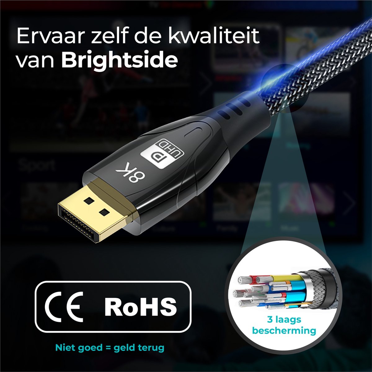 Brightside Displayport kabel 1.4 – 8K@60Hz/ 4K@144Hz – 32.4Gbps - 2 meter