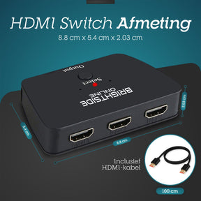 Brightside HDMI switch – 3 ingangen 1 uitgang – 4K@60hz – HDMI kabel inbegrepen