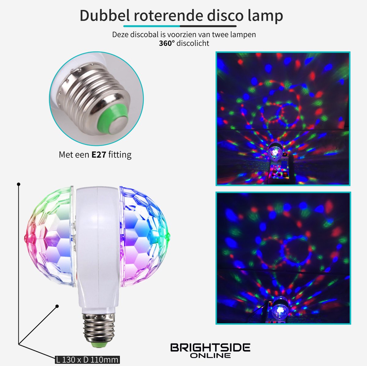 Brightside discolamp - 2x 3 watt - roterende discobal – E27 - 360 graden