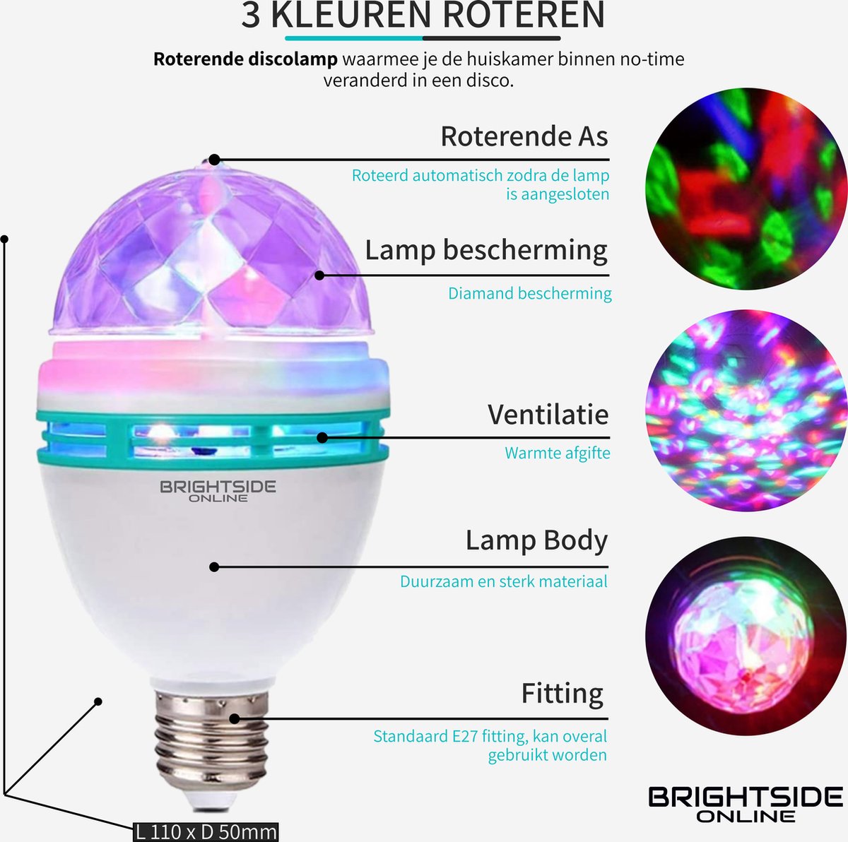 Brightside Roterende discolamp - E27 fitting - roterende discobal - 3 watt - 180 graden - LED